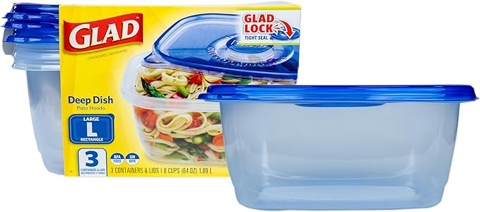 Glad GladWare Deep Dish Food Storage Containers, 64 Oz, 3 Count | Lock-tight seal for soups, salads, and meal prep in a large rectangle format; microwave and dishwasher safe