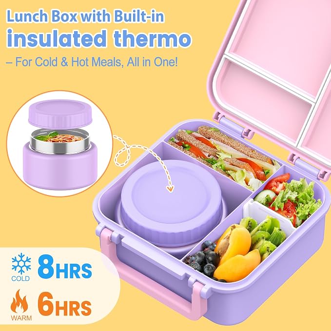 Bento Lunch Box for Kids with 9oz Thermo, Leak-proof Lunch Containers with 3 Compartments,Kids-friendly Size,Durable/Dishwasher Safe Lunch Box for School Outdoors Purple-Pink