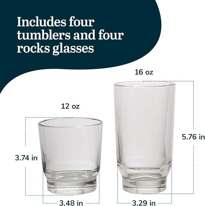 Libbey Merida Mixed Drinkware Set of 8, Merida Cooler Glass Tumblers and Double Old Fashioned Rocks Glass Set, Dishwasher Safe Glassware Drinking Glasses Set