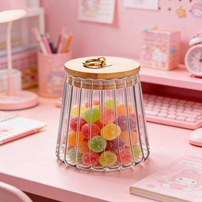 Glass Coffee Nuts Canister, Airtight Jar Bamboo Lid 23 FL OZ, Small Conical | Sealed Kitchen Storage Jar, 700ml Petal Ribs Design Decorative Candy Coffee Container, Gold Metal Handle, Easy to Grasp