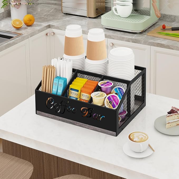 Coffee Bar Organizer for Countertop, Wood Coffee Station Organizer | Coffee Cup and Supplies Holders with Metal Mesh Baskest, Stirrer Sugar Creamer Caddy, Coffee Bar Accessories and Organizer