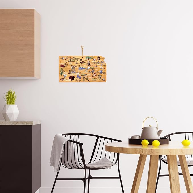 Totally Bamboo Kansas State Shaped Cutting Board, Art by Fish Kiss | State charcuterie board with colorful hand-drawn map artwork. Smooth reverse side for food prep. Hang tie for wall display.
