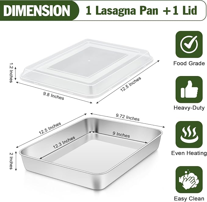 TeamFar Baking Pan with Lid, 12.5"x9.8" Rectangule Cake Pan- 1Pan + 1Lid | Stainless Steel Lasagna Pan with Cover for Cake Brownie Casseroles, Birthday Party Outdoor, Healthy, Oven & Dishwasher Safe