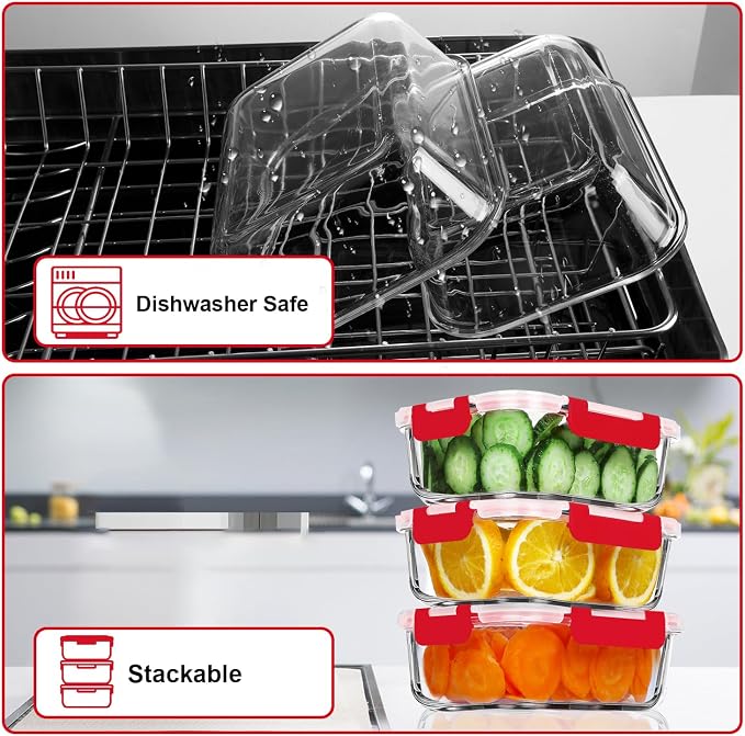 VERONES 5 PACK 36 OZ Glass Meal Prep Containers Set with Lids, Red | Airtight Glass Lunch Containers Set, Food Storage Containers with Lids, for Microwave, Oven, Freezer & Dishwasher Friendly