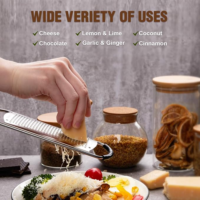 Tomorotec Stainless Steel Cheese Grater w/Wood Handle for Parmesan Cheese | Cheese Grater Zester for Lemon, Ginger, Cheese, Potato, Natural Wood Handle with Non-Slip Rubber Foot, 304 Stainless Steel