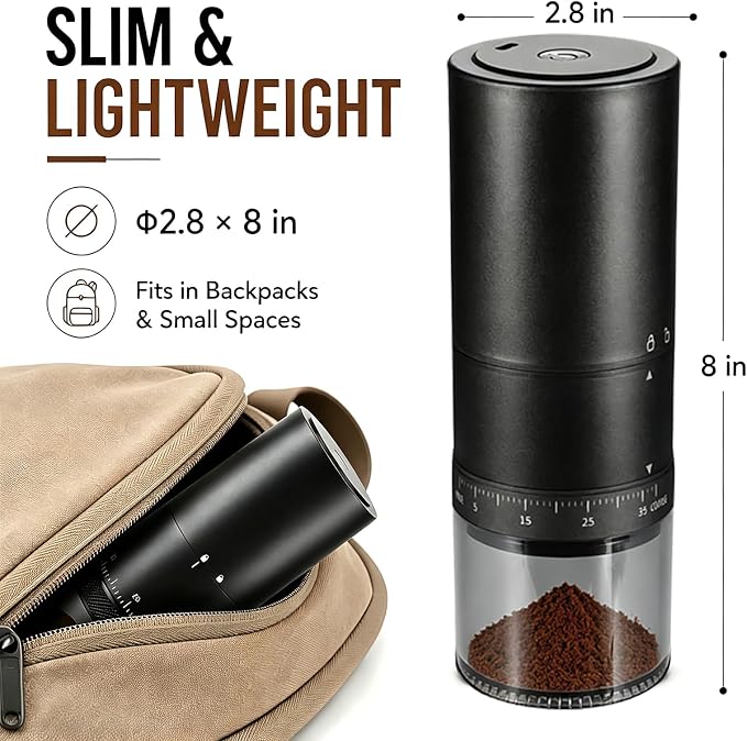 Portable Electric Burr Coffee Grinder, Rechargeable Espresso Grinder | Stainless Steel Coffee Bean Mill and Conical Mill 38 Adjustable Settings One-Button Operation for Travel Camping Office Home