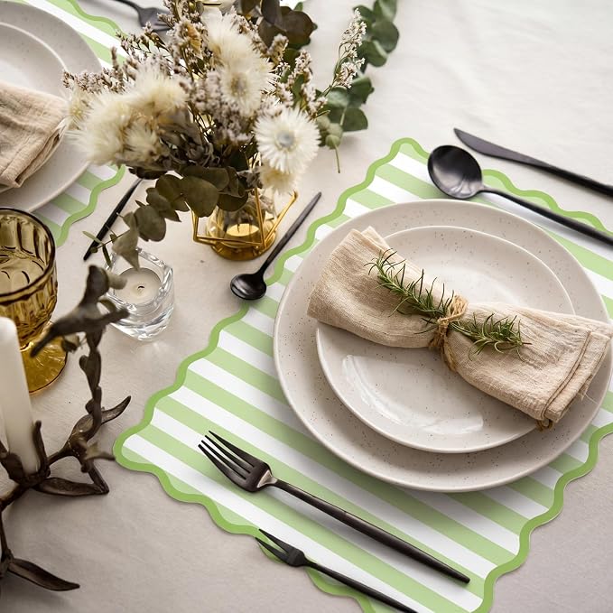100 Pcs Green Stripe Paper Placemats 14 x 10 Inch Scalloped Checkered Place Mats Disposable Paper Kitchen Place Mats for Spring Party Home Dining Table Decor Wedding Bridal Shower