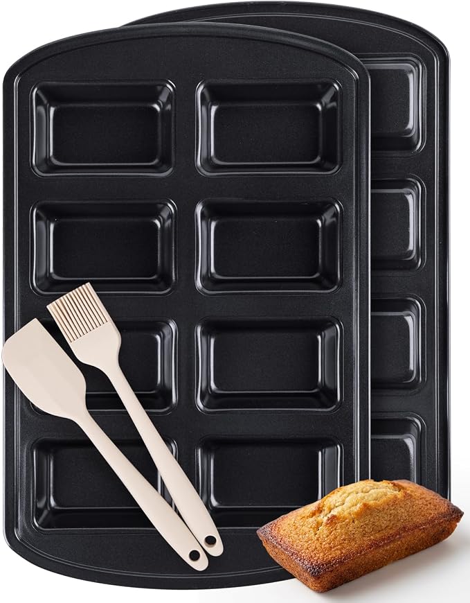 CARTMAN 2-Pack 8-Cavity Mini Loaf Pans, Carbon Steel Bread Pan Set, Black | Includes spatula & brush, 0.6mm carbon steel, nonstick release, for banana bread, mini meatloaf, ideal for keto & meal prep