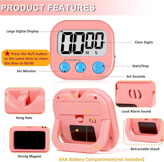 ZILLEEN Classroom Timer for Kids Teachers 2 Pack Digital Timers White Pink | Strong Magnetic, Large Screen, Big Button, Teacher Classroom Must Haves Kitchen Timers for Cooking Egg Exercise Study