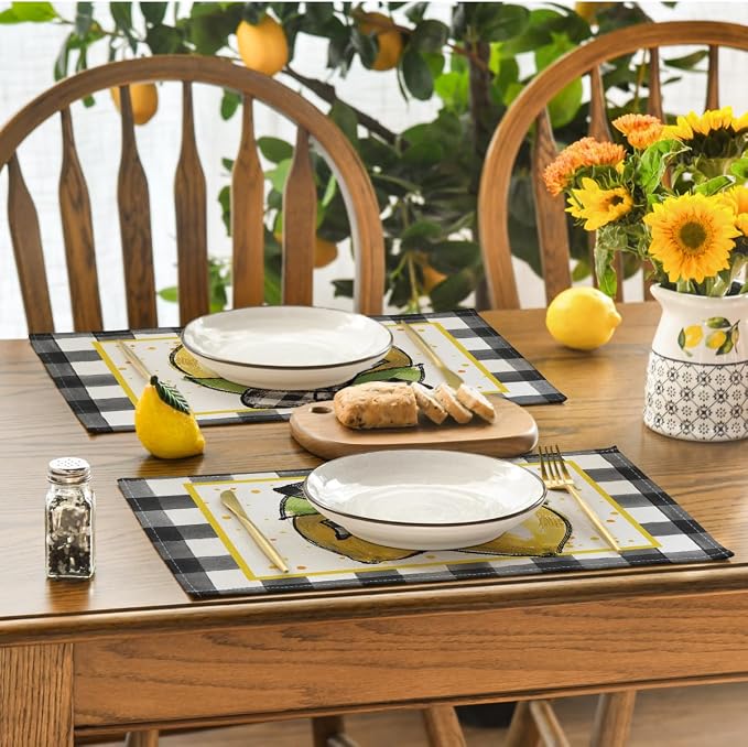 Artoid Mode Buffalo Plaid Lemon Placemats for Dining Table, 12 x 18 Inch Summer Seasonal Decoration Rustic Washable Table Mats Set of 4