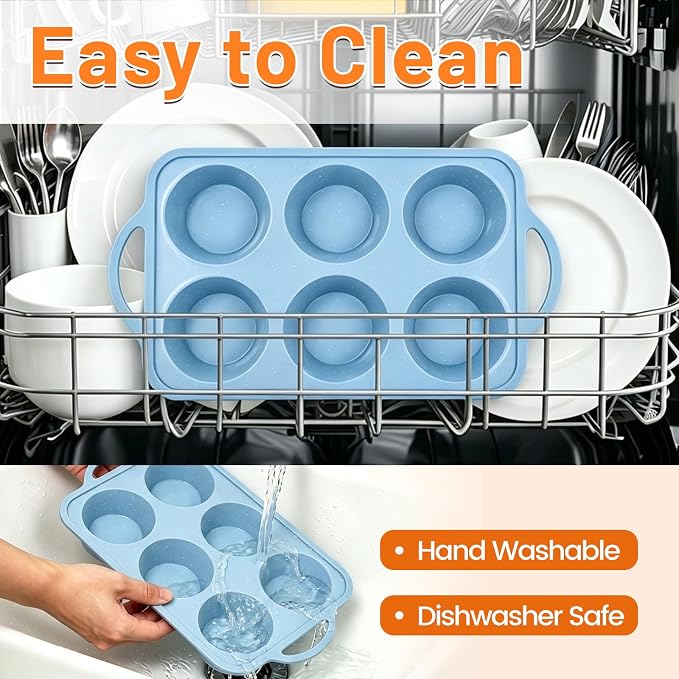 Jumbo Muffin Pan, Metal Reinforced Frame 3.5inch Jumbo Silicone Muffin Pan | 2 Pack, with Handle, BPA Free, Nonstick, Oven Dishwasher Safe, Food-Grade Silicone, Heat-resistant: -104°F to 446°F, 6-Cup
