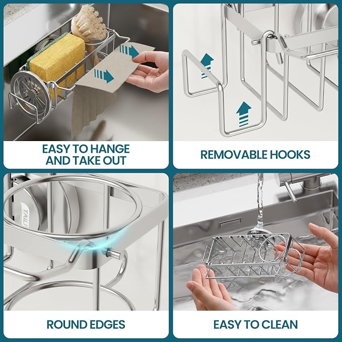 TAILI 4-in-1 Sponge Holder for Kitchen Sink with Strong Suction Cup-Silver | Removable Rustproof 304 Stainless Steel Multi-compartment Sponge Holder with Suction Cup, Keeps Brushes & Scrubbers Tidy