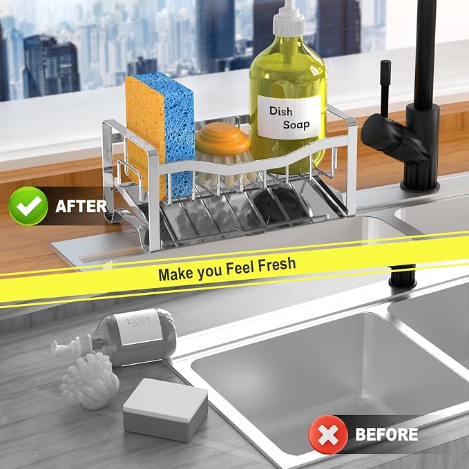 Stainless Steel Kitchen Sink Caddy Organizer with Auto Drain Tray, Sponge Holder for Countertop Storage Silver