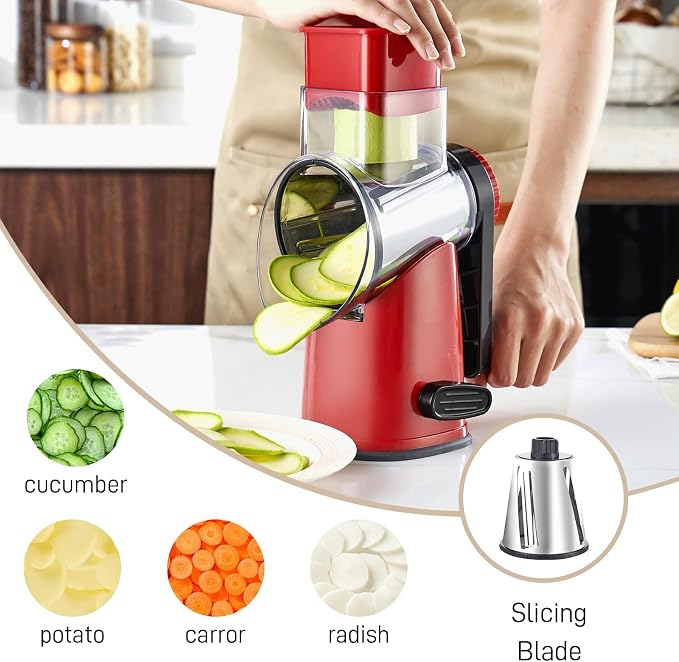 Weltonhm 4 in 1 Large Rotary Cheese Grater Hand Crank (Red black 4 Graters) | Cheese Shredder Rotary and Slicer with 4 Stainless Steel Blades for Vegetables, Veggie and Cheese, Stronger Suction Base