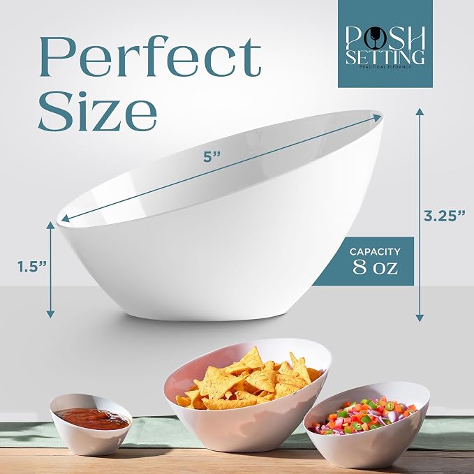5 Pack White Angled Plastic Serving Bowls Disposable for Party Table 8oz | Angled Bowl Design. Chip, Candy, Salad & Fruit Use. Disposable Party Tableware. Buffet & Wedding Serving. White Plastic.