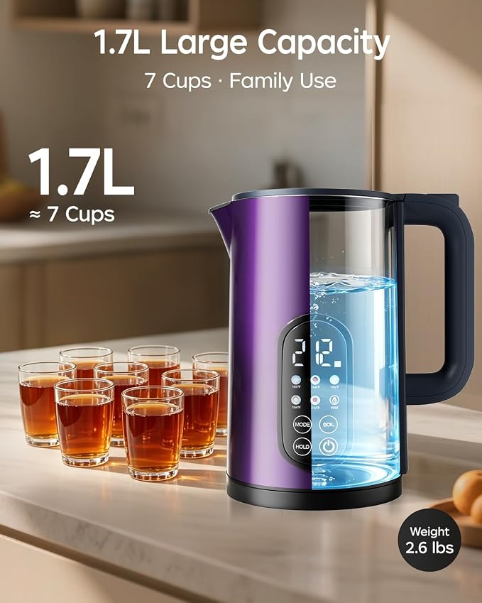 1.7L Stainless Steel Electric Kettle with Temperature Control – Purple | 5 Preset Temperatures for Tea & Boiling Water, 2H Keep Warm, 1200W BOIL Mode, 304 Stainless Steel Interior, Cordless Base