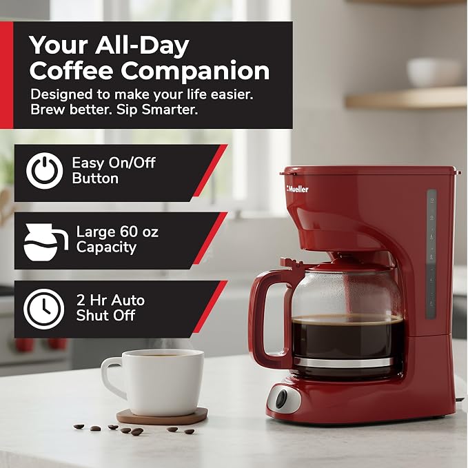 MUELLER HOME 12-Cup Red Coffee Maker | Borosilicate Carafe, Auto-Off, Reusable Filter, Anti-Drip, Keep-Warm Function