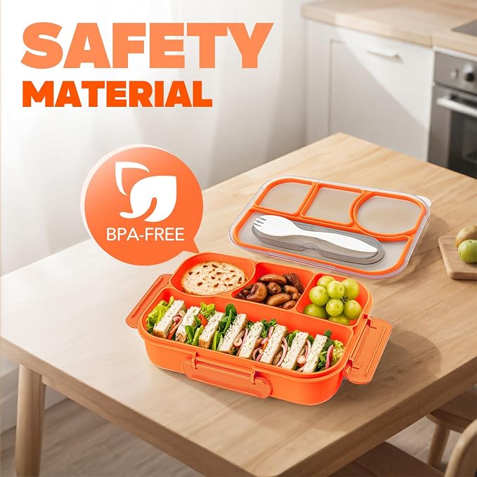 EASYFUN Bento Box Adult, Lunch Box, 4-Compartment Lunch Containers, Drop-Proof, Dishwasher Safe & Made with BPA-Free Materials (Orange)