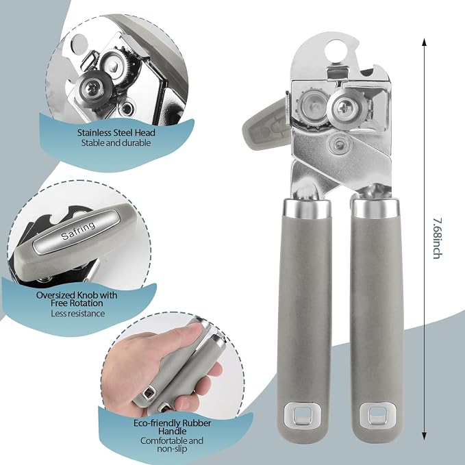 Safring Can Opener Manual, Heavy Duty Handheld Strong Can Opener with Soft Touch Handle, Sharp Blade Smooth Edge, Can Openers with Multifunctional Bottle Opener, Gray