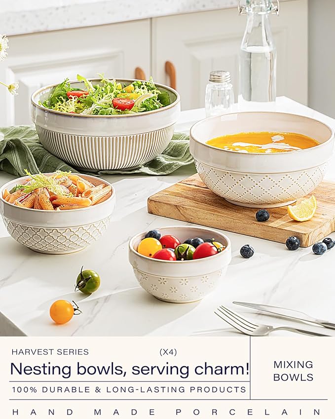 getstar Large Serving Bowls Set of 4, 12/26/42/64 oz Ceramic Stoneware Nesting Bowls Set, Microwave and Dishwasher Safe, Farmhouse Kitchen Versatile Prep Bowls for Fruit Salad Pasta Dessert Cereal