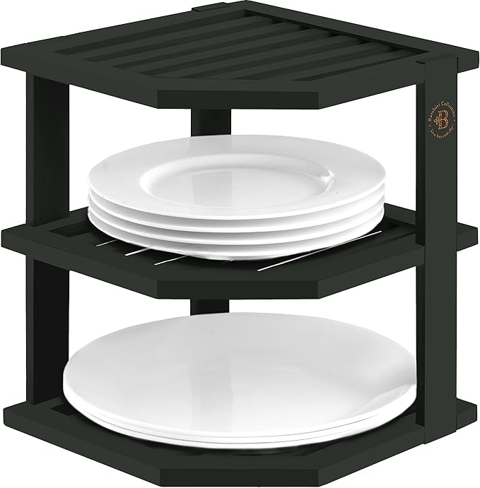 Black Plate Organizer for Cabinet - 3 Tier Bamboo Corner Cabinet Organizer Shelf for Plates Bowls Mugs Cups, Kitchen Cabinet Organizer, Cabinet Shelf Organizer, Countertop Rack, 10 x 10 x 9.5 Inch