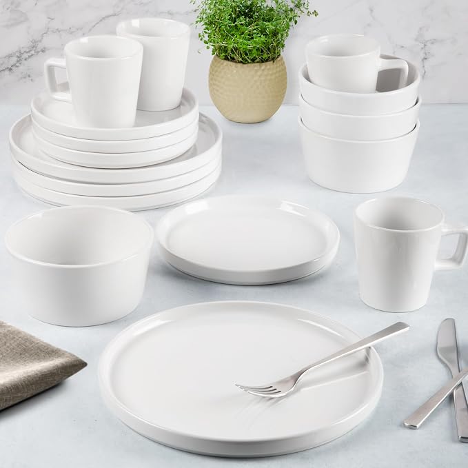 Zulay Kitchen Terra Plates and Bowls Sets, 16 Piece Modern Stoneware Dish Set for 4, Chip and Scratch Resistant Ceramic Dinnerware Set, Microwave and Dishwasher Safe, White