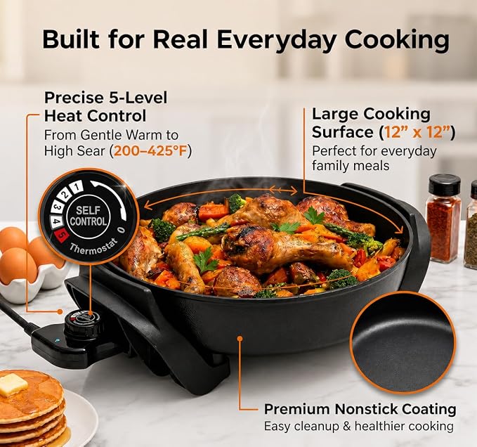 Moss & Stone Round Electric Skillet with Lid, 12-Inch Nonstick Frying Pan | 5 Qt Electric Frying Pan with Adjustable Temperature Control, Vented Glass Lid, Heat-Resistant Handles & Dishwasher Safe