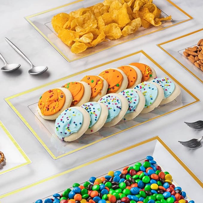 Elegant Plastic Serving Tray & Platter Set (6pk) - Clear & Gold Rim Disposable Serving Trays & Platters for Food - Weddings, Upscale Parties, Dessert Table, Cupcake display - 8x13 inches