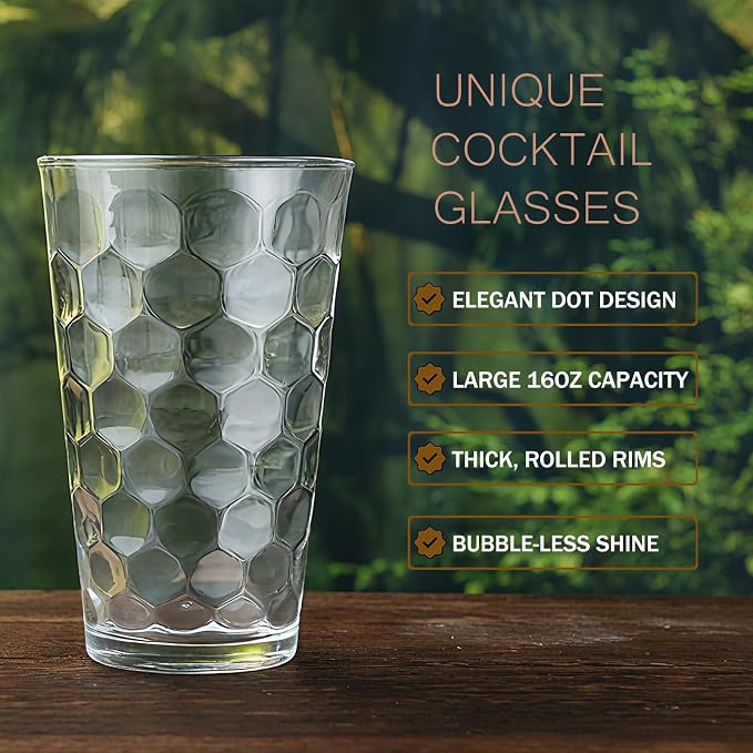 ALINK 16 oz Drinking Glasses, Set of 6 Highball Glass Cups Bar Glasses, Clear Heavy Base Stemmed Water Glasses for Beer, Iced Coffee Cups, Cocktail Glasses, Wine, Iced Tea, Dishwasher Safe