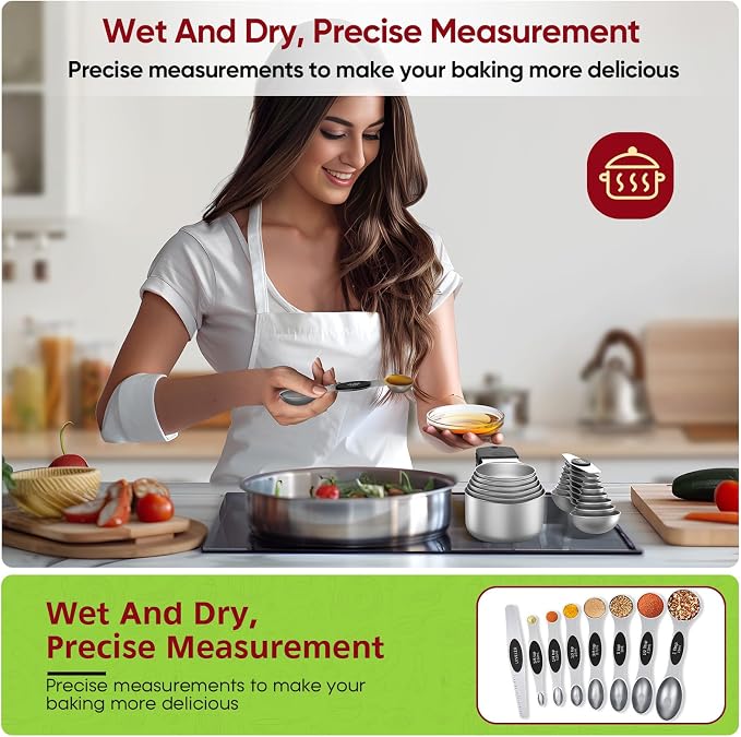 Magnetic Measuring Cups & Spoons Set|304 Stainless Steel Dual Scale Set of 15, Strong N52 Magnetic Nesting Design with Leveler, for Dry&Liquid Ingredients, Dishwasher Safe(Black)