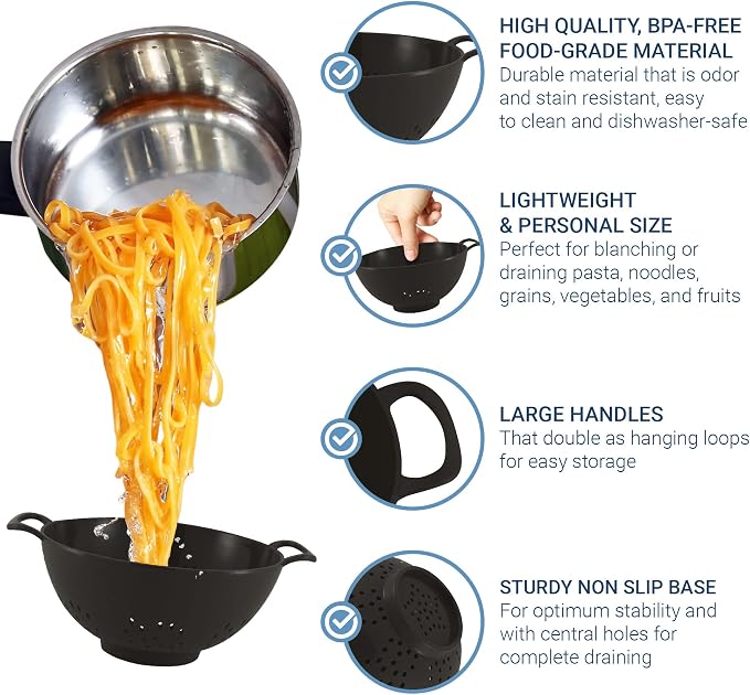 Meadow Lane 6-Inch Small Colanders, 3-Cup Food Strainers, Black/Gray, 2-Pack