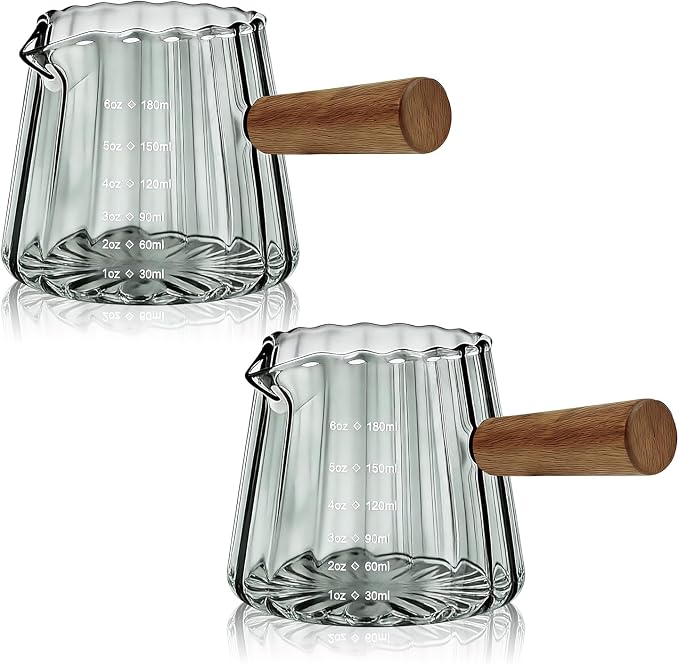2 PCS Espresso Measuring Cup 6 Oz, Espresso Glass Cups with Wood Handle, Milk Frothing Cup, Espresso Cup for Coffee, Milk, Tea or Maple Syrup Serving (Grey)