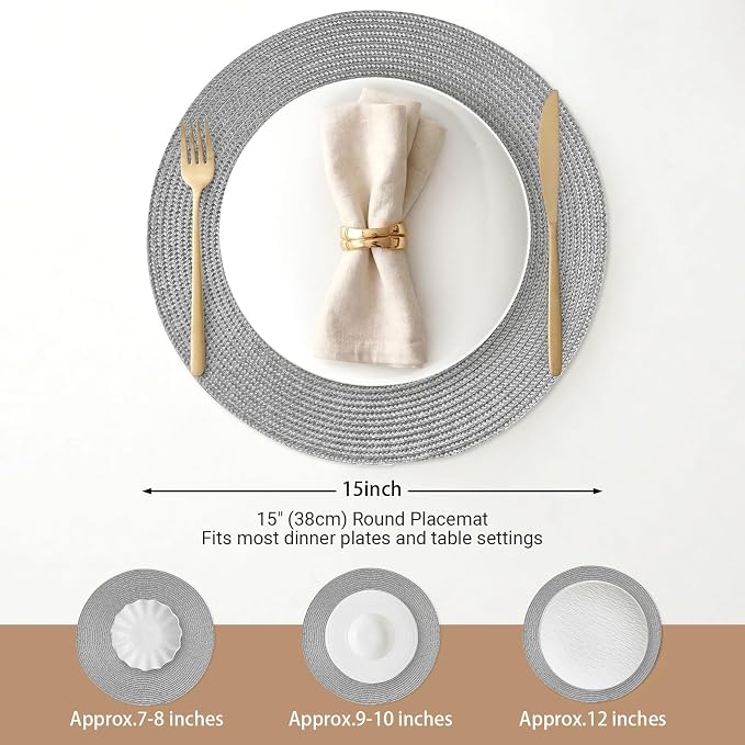 FunWheat Round Braided Placemats Set of 8 Place Mats for Dining Table Woven Washable Non-Slip Table Mats 15 Inch(Grey,8pcs)