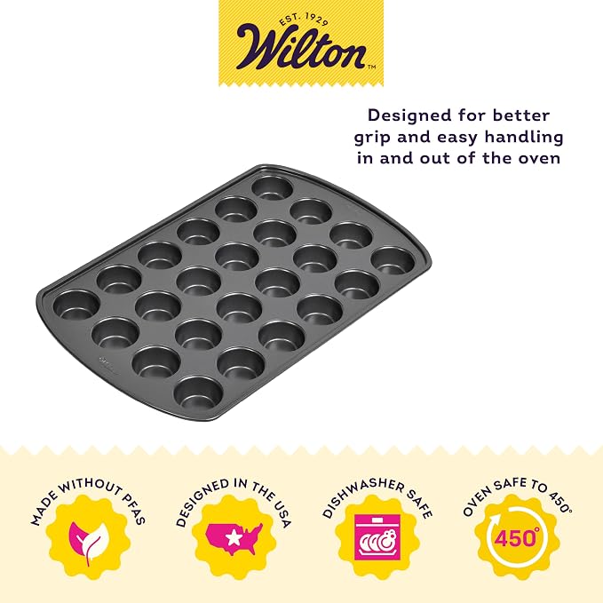 Wilton Gold Non-Stick Muffin Pan, Made Without PFAS, 24-Cup | Non-Stick Steel with Scratch-Resistant Coating, Resists Warping, Extended Handles, Dishwasher Safe, Perfect for Cupcakes