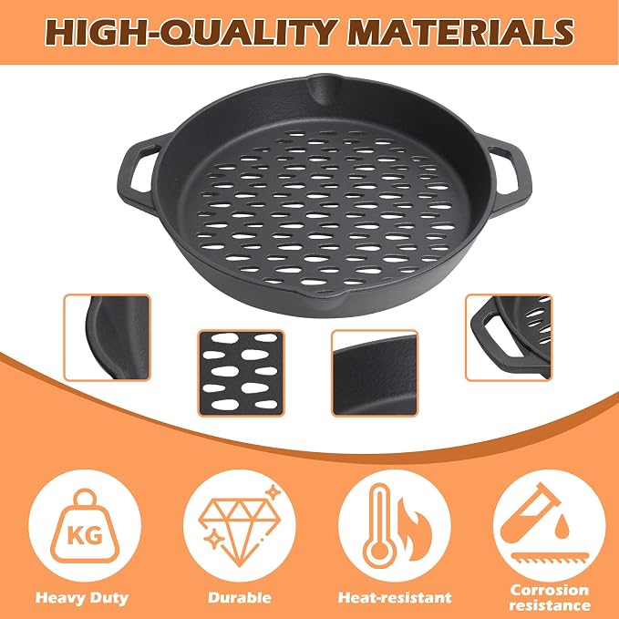 12" Round Cast Iron Grill Basket with Dual Handles – For Veggies/Fish/Meat | Heavy-duty seasoned cast iron basket; fits most grills/smokers; small perforations prevent food loss; dual handles