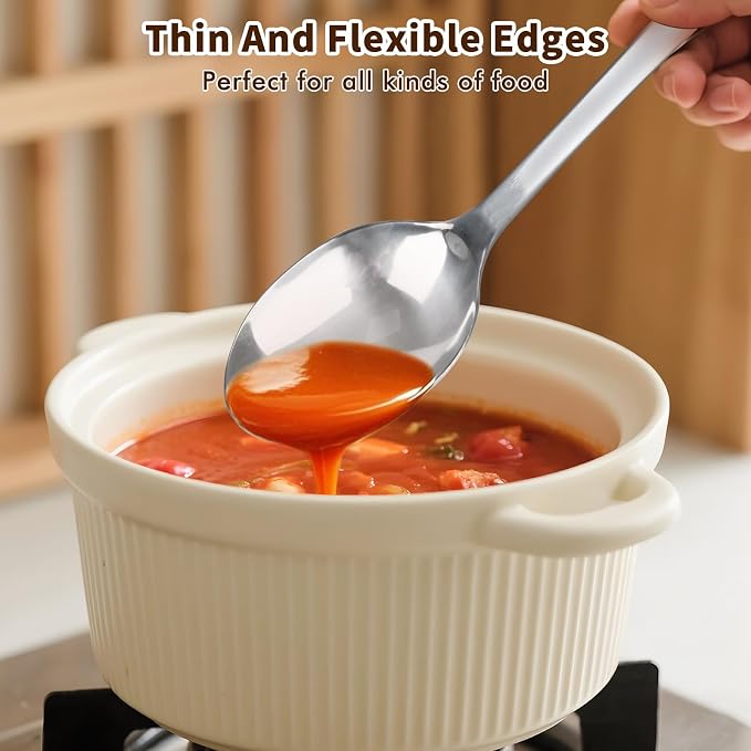 Stainless Steel Cooking Spoon, Slotted Metal Serving Spoon, Heavy Duty Sturdy Large Soup Ladle, High Heat Resistant Kitchen Cooking Utensils for Mixing, Stirring, Ergonomic Handle, Easy to Clean