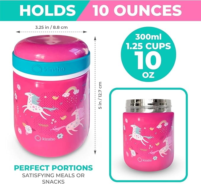 kinsho Kids Bento Lunch Box Set with Thermo, Bag & Ice Pack, Pink Unicorn | 5 Compartments, Removable Tray, Small Meal Snack Container for Kids Toddlers, Daycare Pre-School Kindergarten, Steel Food Jar