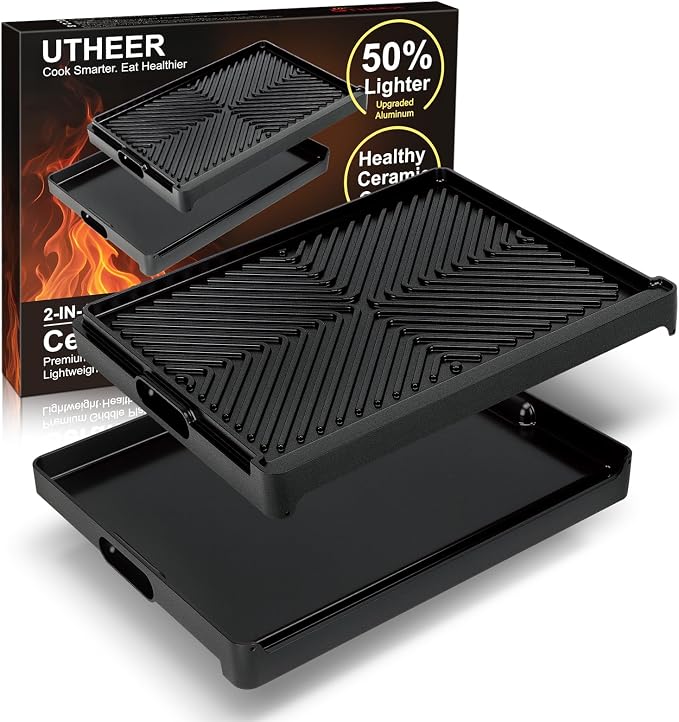Utheer 16.3 x 13 Inch Cast Iron Aluminum Griddle for Gas Grill & Stove Top | Universal Cast Iron Aluminum Flat Top Griddle With Dual-sided Cooking for Outdoor，Barbecue, Kitchen and Camping