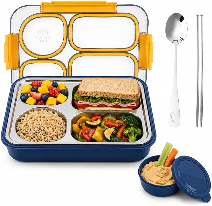 Large 11" x 8" Stainless Steel Bento Lunch Box for Adults with 4 Compartments Leakproof Lid BPA-Free 304 Stainless Steel Food Container That Keeps Food Separate,Ideal for Office and Travel use,Yellow