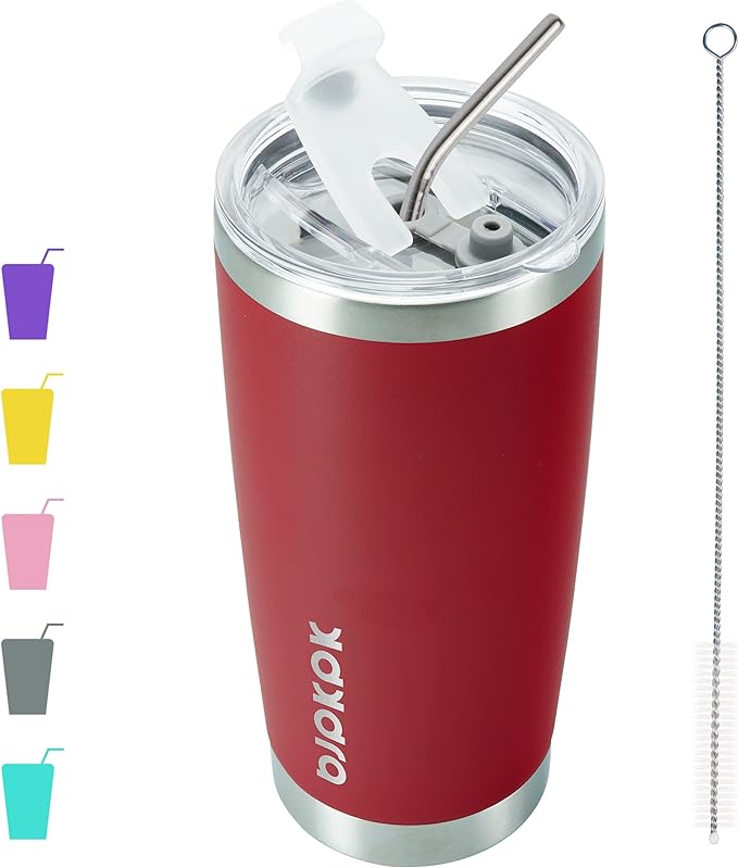 BJPKPK 20 oz Coffee Tumbler with Lid, Straw, Insulated Stainless Steel Mug | Double Wall Vacuum, Keeps Hot/Cold, BPA Free, Leak Proof, Iced Coffee Cup Fit Car Holder, Travel & Beach Ready, Red