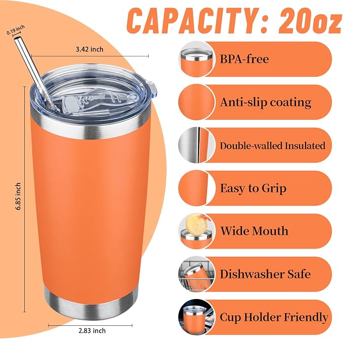 20 oz Tumbler with Lids and Straws, Stainless Steel Insulated Travel Coffee Mug, Double Wall Vacuum Insulated Tumblers, Powder Coated Coffee Tumbler for Cold & Hot Drinks (Orange)
