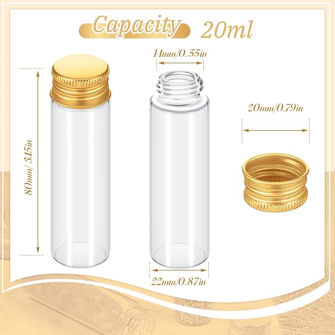 Didaey 100 Pcs Small Clear Vials Spice Mini Jars with Lids Mini Glass Bottles with Screw Aluminum Metal Caps Tiny Jars Sample Containers for Powder Cream Cosmetic Jewelry Wedding (20 ml,Gold Caps)
