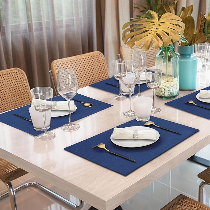 Cloth Placemats Set of 4, Cotton Linen Blend Place Mats, Navy Blue | Machine Washable, Double Layered, Heat Resistant, Fabric Dining Table Mats for Kitchen, Indoor & Outdoor, 13" x 19"