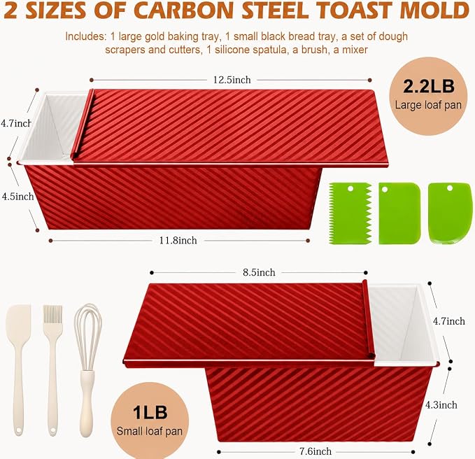 Bread Loaf Pan with Lid-2Pack, 2.2LB & 1LB | Food-Grade Nonstick Coating, Easy Release, Perfect Loaf Shape, Corrugated Design, Oven Safe up to 450°F