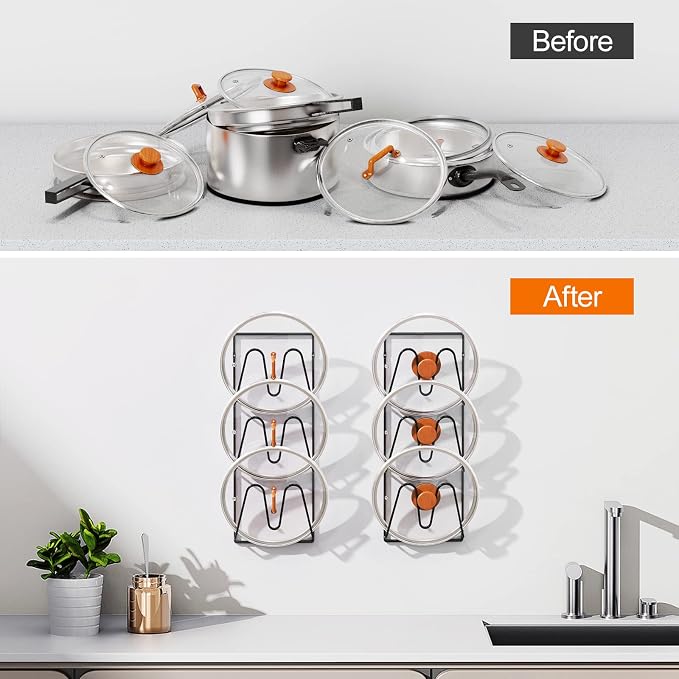 Durmmur 2 Pack Pot Lid Organizer, 6-Tier Lid Holder for Cabinet Door & Wall | Rustproof Metal Lid Organizer with No-Drill Adhesive Mounting for Pot and Pan Lids, Space-Saving Kitchen Storage, Black