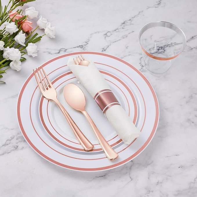 350 Piece Rose Gold Plastic Dinnerware Set for 50 Guests | Disposable Dinnerware Includes: 50 Dinner Plates, 50 Dessert Plates, 50 Pre Rolled Napkins with Silverware, 50 Cups