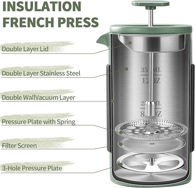 French Press – 350ml Stainless Steel Coffee Press, 2 Cup Cafetiere for Ground Coffee, Portable French Press