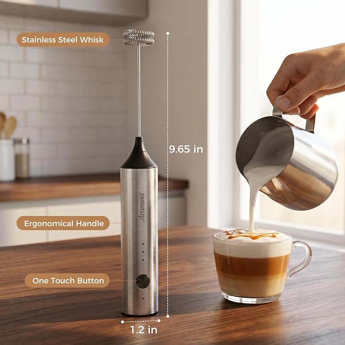 Rechargeable Milk Frother Handheld, 3 Speeds for Coffee, Latte | Electric Foam Maker with Dual Spring Whisk, Hot Chocolate, Portable Charging USB-C Stainless Steel Hand Drink Mixer