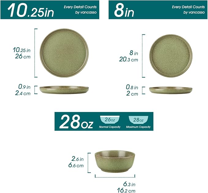 vancasso ZERMATT 24 Pieces Stoneware Dinnerware, Plates and Bowls Set for 8 | Dishes Set for 8 in Mossy Green Reactive Glaze Stoneware, Kitchen Dinner Set, Microwave and Dishwasher Safe