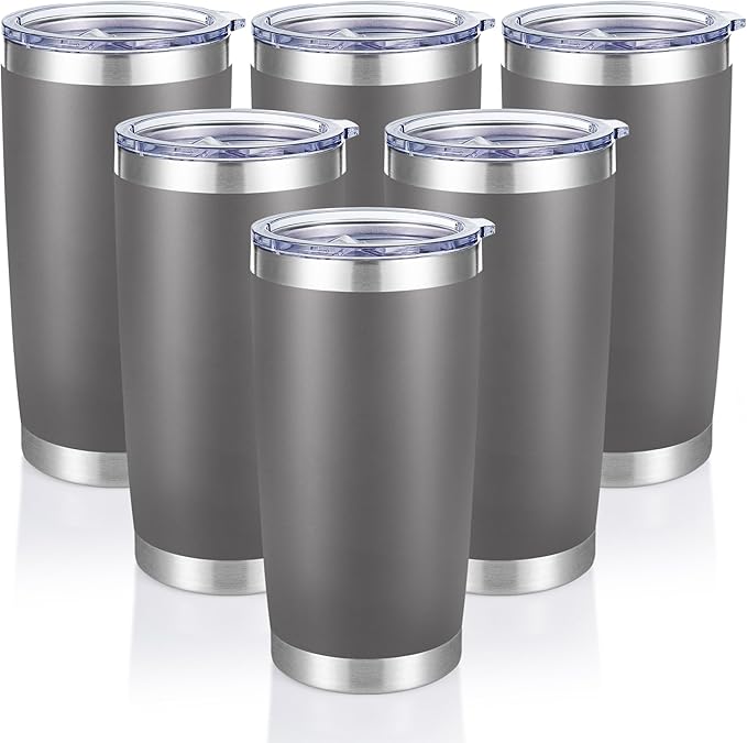 20 oz Tumblers Bulk Stainless Steel Tumbler with Lid, 6 Pack | Gray, 20oz Insulated Coffee Mug, Double Wall Vacuum, Powder Coated Cup, for Hot and Cold Drinks
